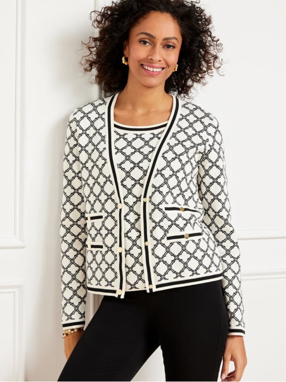 Talbots Cream and Black V-NECK CARDIGAN - LATTICE JACQUARD size Medium